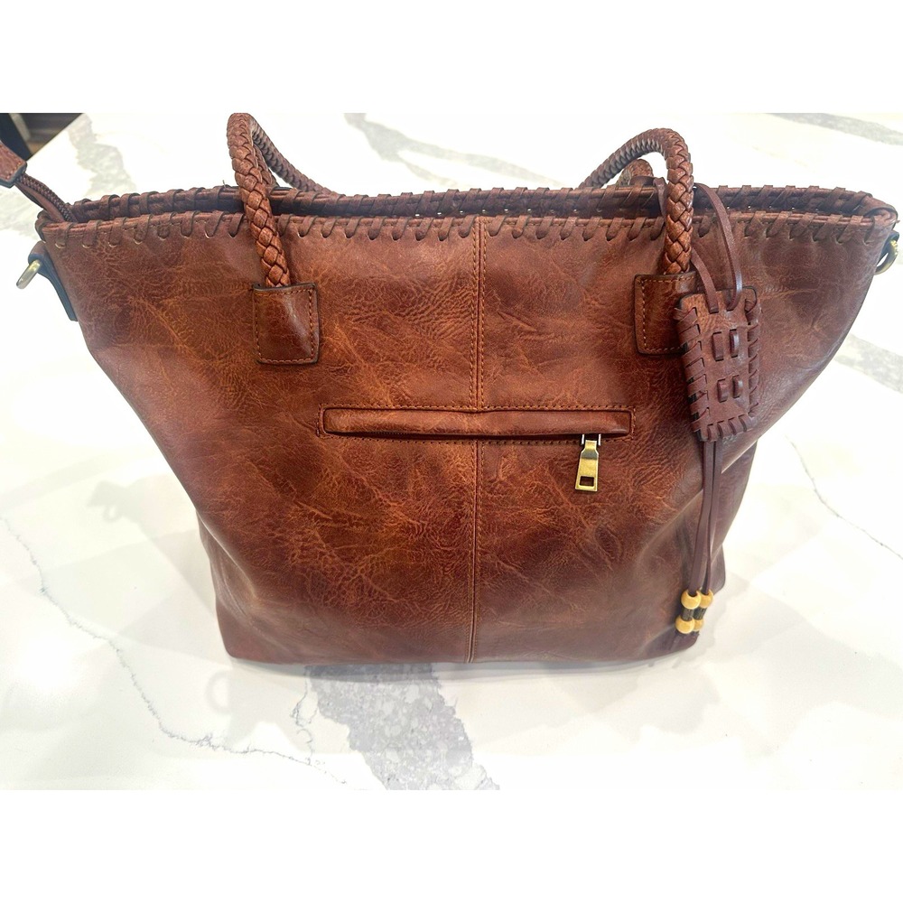 Love One Love All Brown Distressed Leather Tote Shoulder Bag Braided Handles Lar